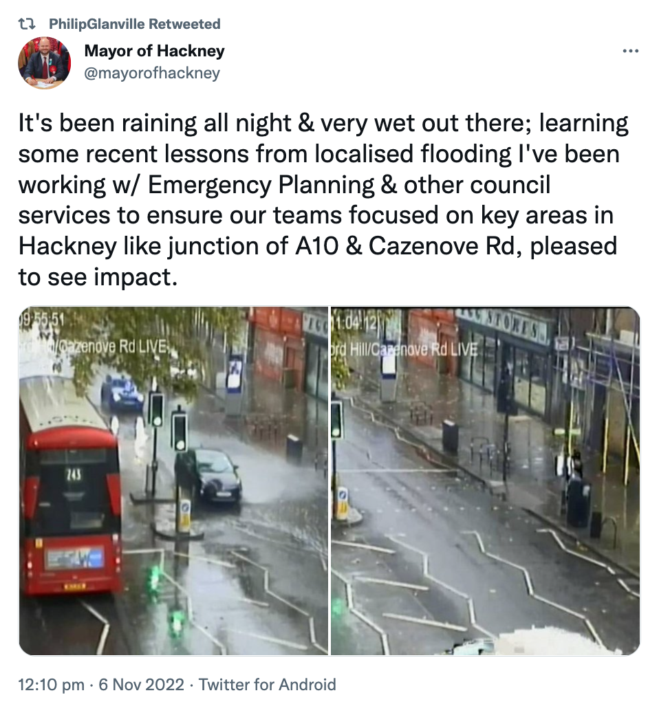 The Mayor of Hackney tweeted that work had been undertaken to focus on key areas in Hackney at risk of flooding. (Twitter/PhilipGlanville)