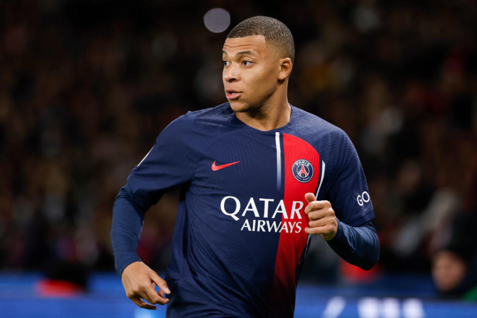 PARIS, FRANCE - NOVEMBER 3: Kylian Mbappe #7 of Paris Saint-Germain looks on during the Ligue 1 Uber Eats match between Paris Saint-Germain and Montpellier HSC at Parc des Princes on November 3, 2023 in Paris, France. (Photo by Catherine Steenkeste/Getty Images)