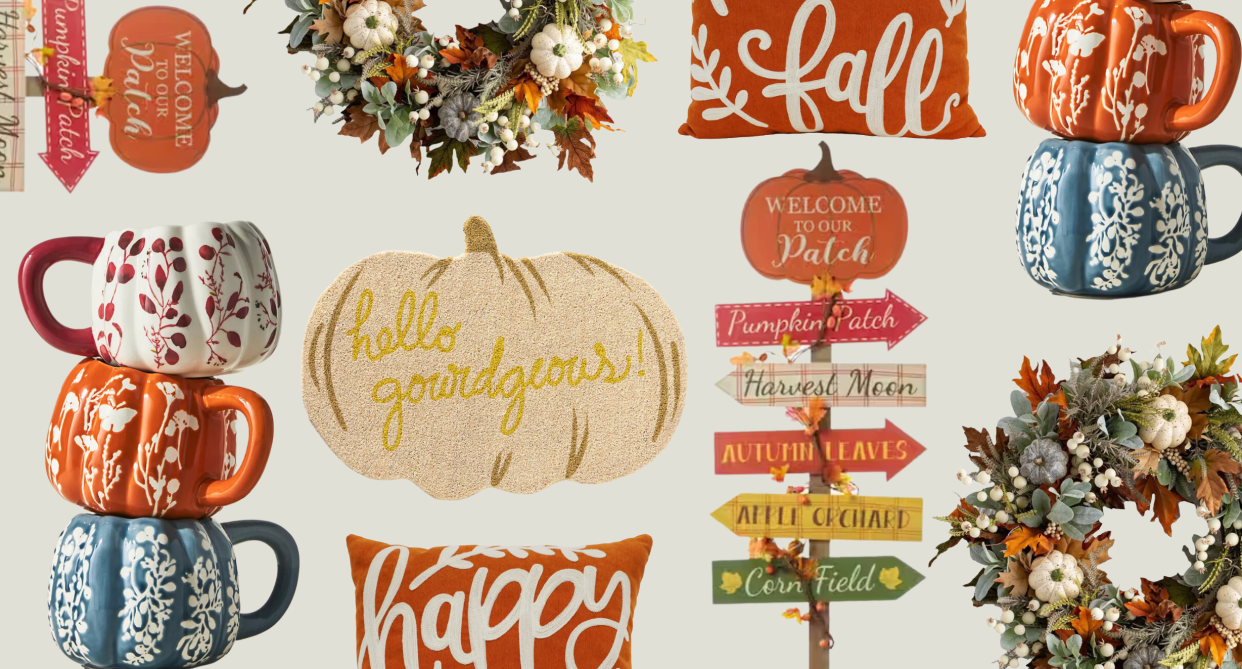 Best fall decor for 2023, anthropologie pumpkin mugs, anthropologie fall door mat, happy fall pillow, pumpkin and floral fall autumn wreath