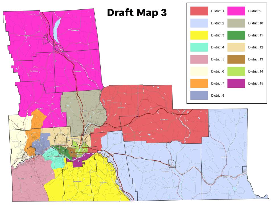 Draft Map 3, the Broome County legislative re-districting proposal being voted on Thursday, Jan. 13. District 7, labeled in orange on the left side of the map, includes parts of the Town of Maine and the Town of Union.