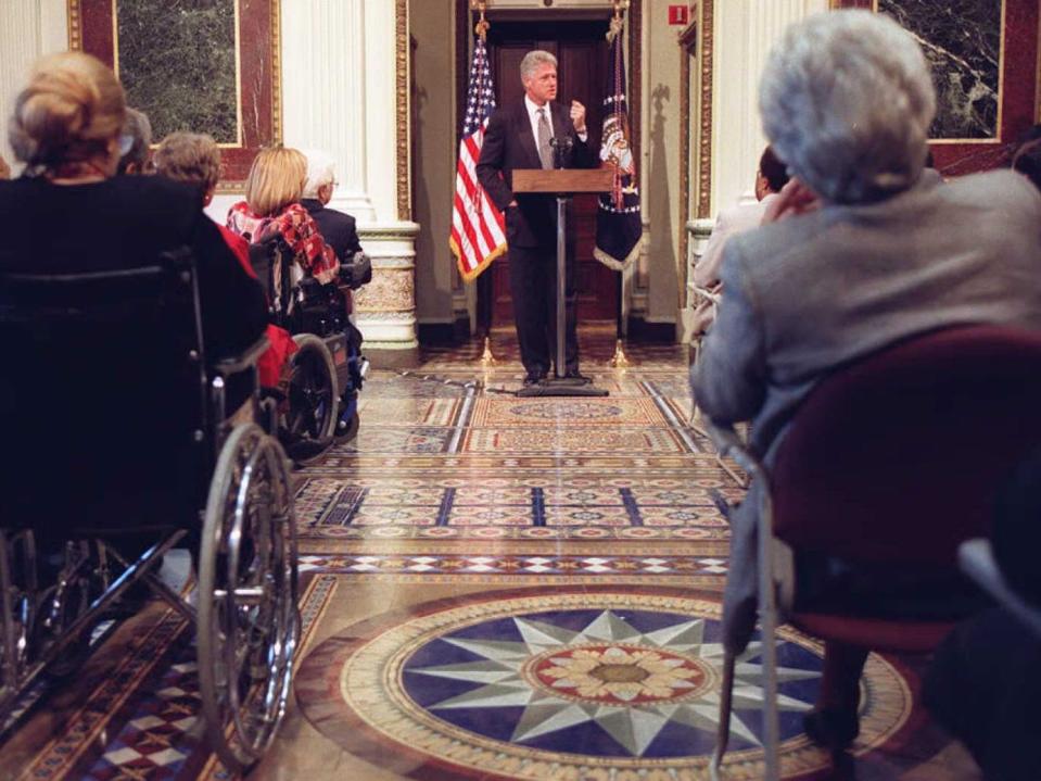 President Bill Clinton speaks in the Indian Treaty Room at the White House.