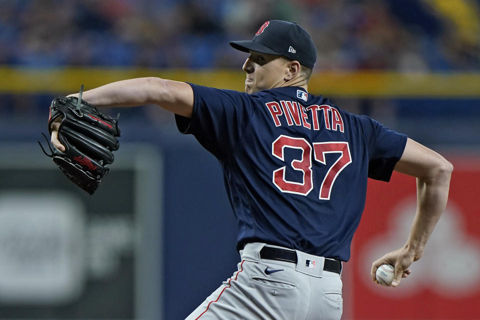 Boston Red Sox's Nick Pivetta goes into his windup against the Tampa Bay Rays during the first inning of a baseball game Thursday, June 24, 2021, in St. Petersburg, Fla. (AP Photo/Chris O'Meara)