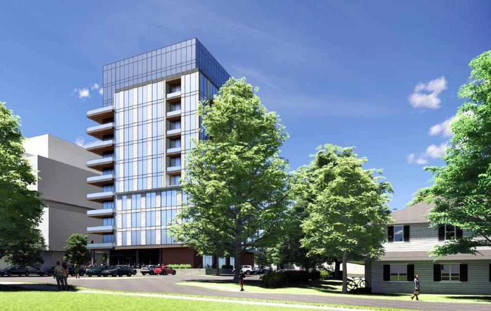 A 12-story condo building proposed for roughly a third of an acre would have a slim profile as seen in this architect’s view of the building from Henderson Street in downtown Chapel Hill, NC.