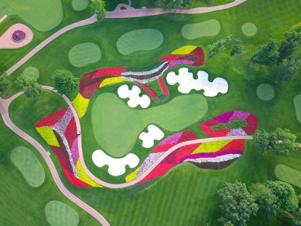 An aerial view of the famous Flower Hole, the 16th hole at SentryWorld in Stevens Point.