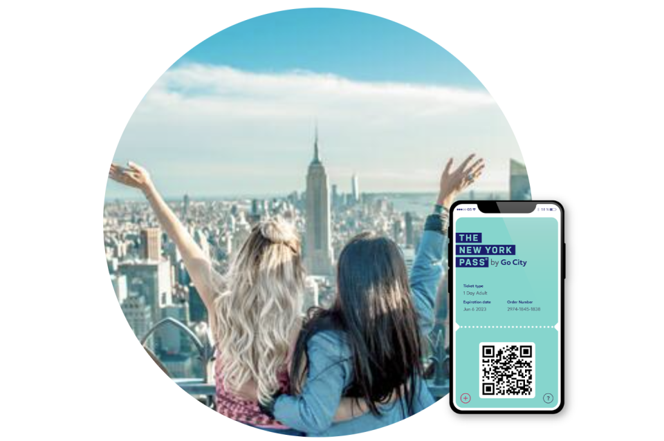 Back view of 2 girls waving at the New York City view on top a peak. 