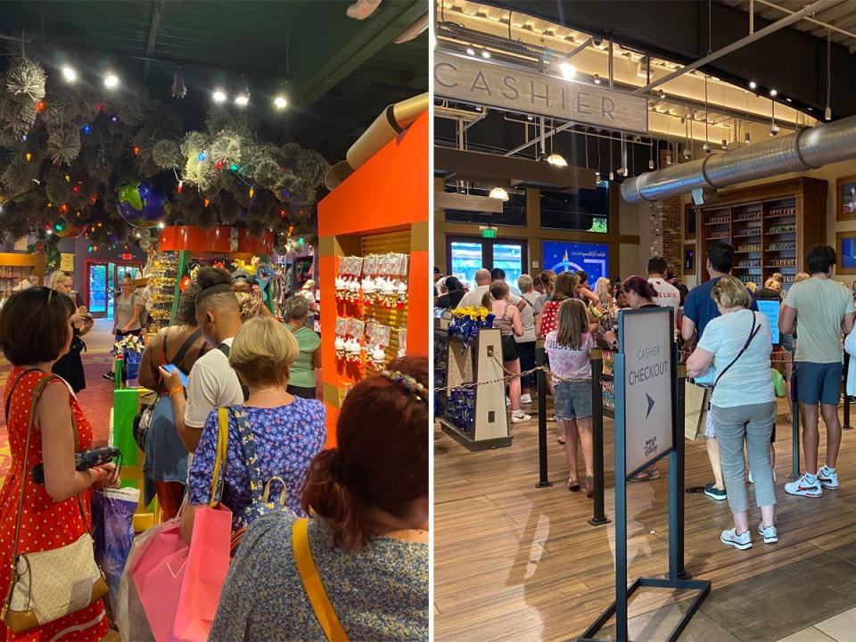 Shoppers wait to make purchases at two Disney Springs stores.