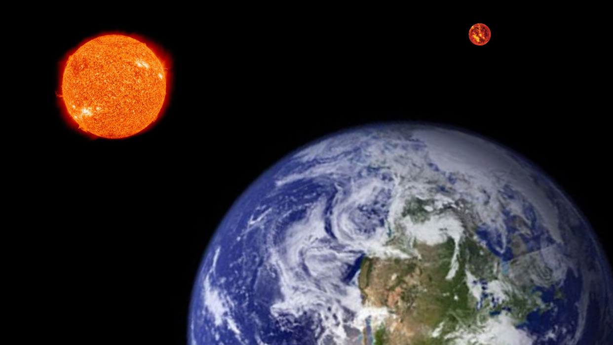  Illustration showing earth in the foreground, with the sun and a more distant intruding star in the background. 