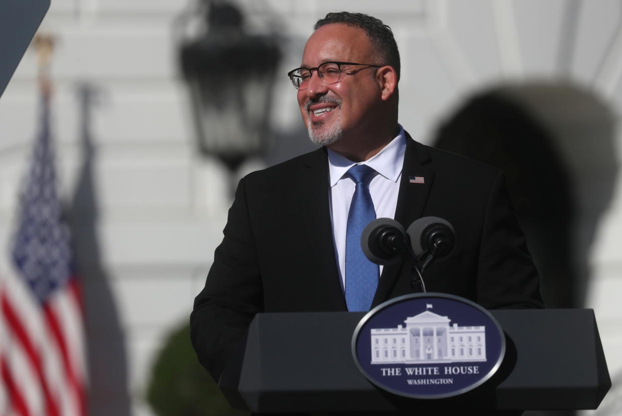 Education Secretary Miguel Cardona delivers remarks to honor the Council of Chief State School Officers' 2020 and 2021 State and National Teachers of the Year at the White House in Washington, U.S., October 18, 2021. REUTERS/Leah Millis