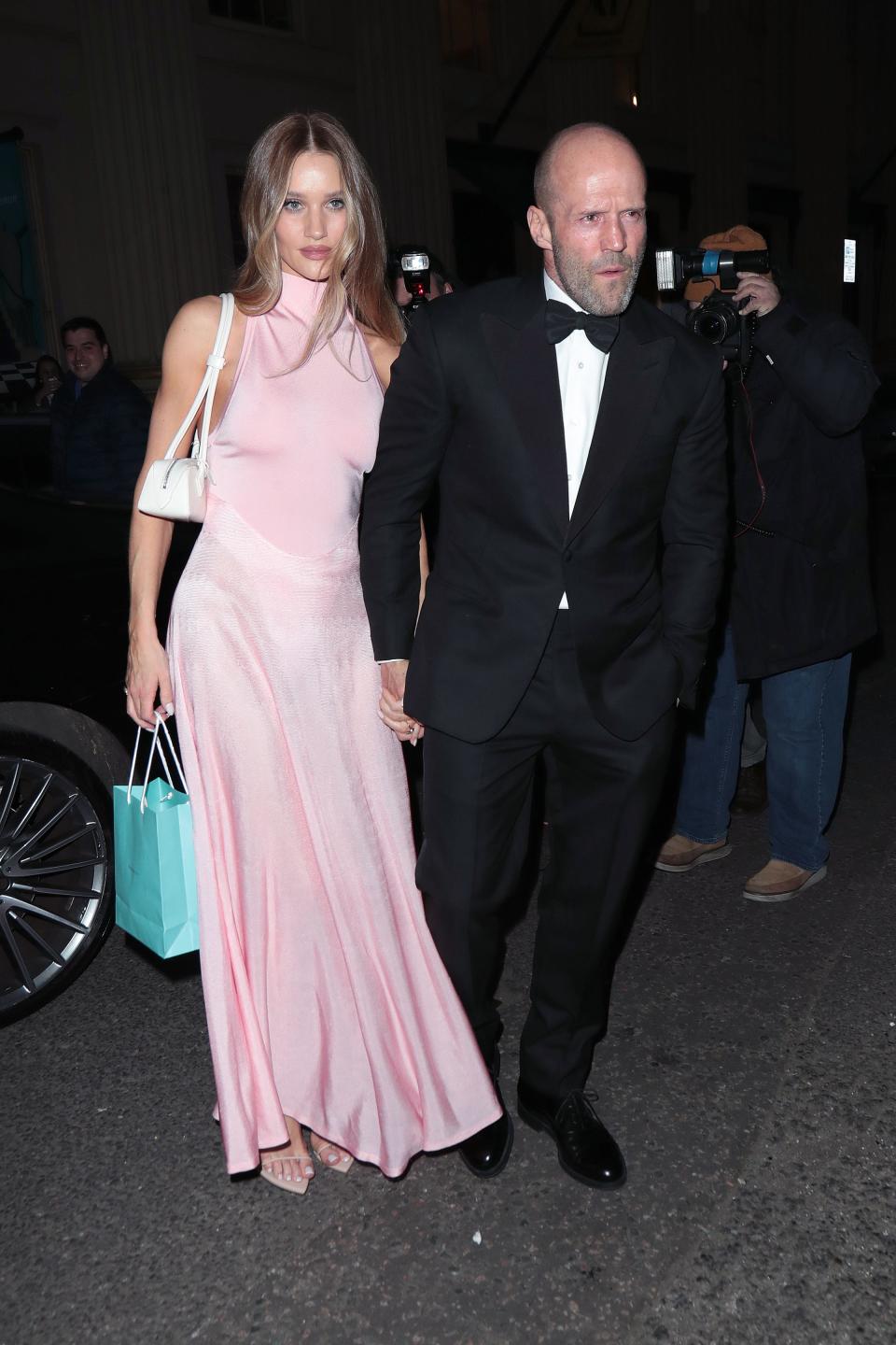Rosie Huntington-Whiteley and Jason Statham attends Victoria Beckham's 50th birthday party on April 20, 2024.