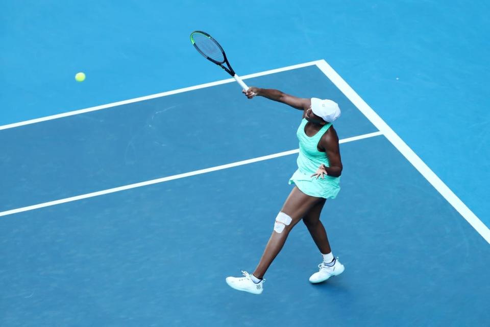 Venus Williams of The United States of America plays a forehand in her Women’s Singles second round match against Sara Errani of Italy during day three of the 2021 Australian Open at Melbourne Park on February 10, 2021 in Melbourne, Australia. (Photo by Mark Metcalfe/Getty Images)