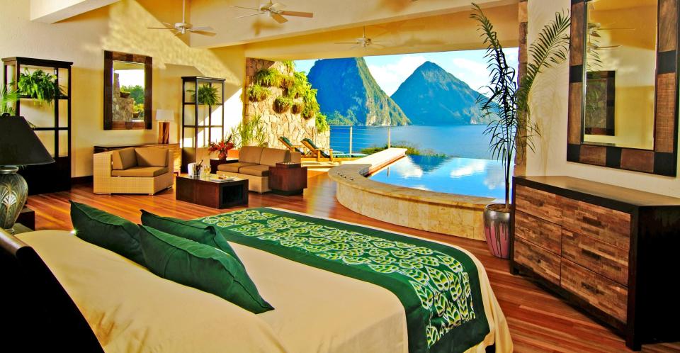 Sanctuaries at Jade Mountain in St. Lucia offer dramatic views of the Piton Peaks.