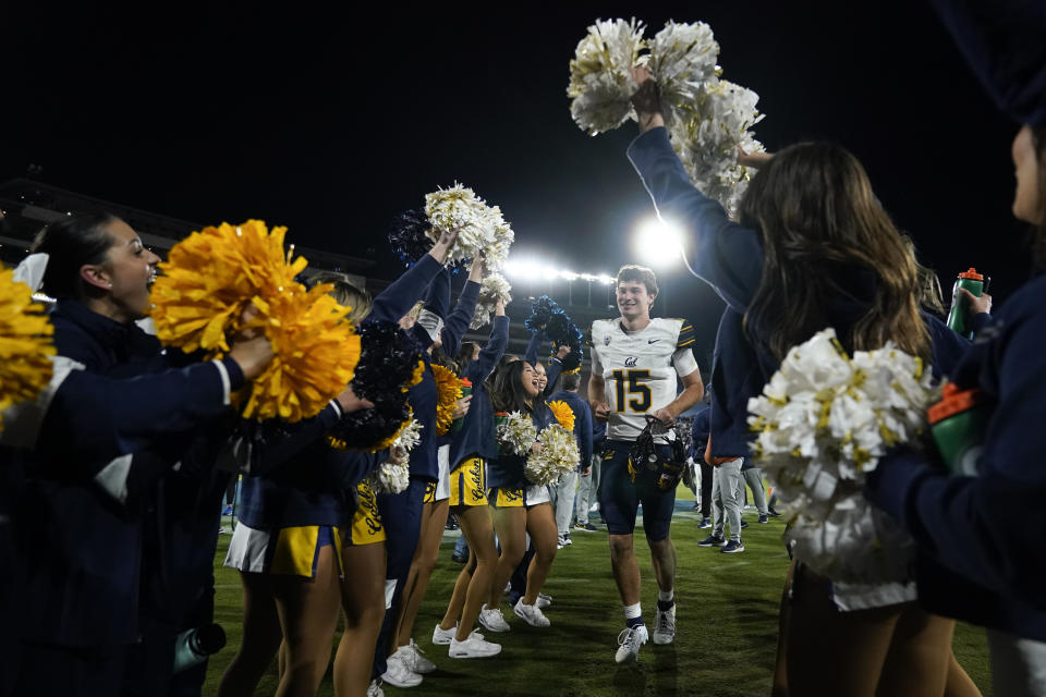 California quarterback Fernando Mendoza leaves the field after the team's 33-7 victory over UCLA during an NCAA college football game, Saturday, Nov. 25, 2023, in Pasadena, Calif. (AP Photo/Ryan Sun)