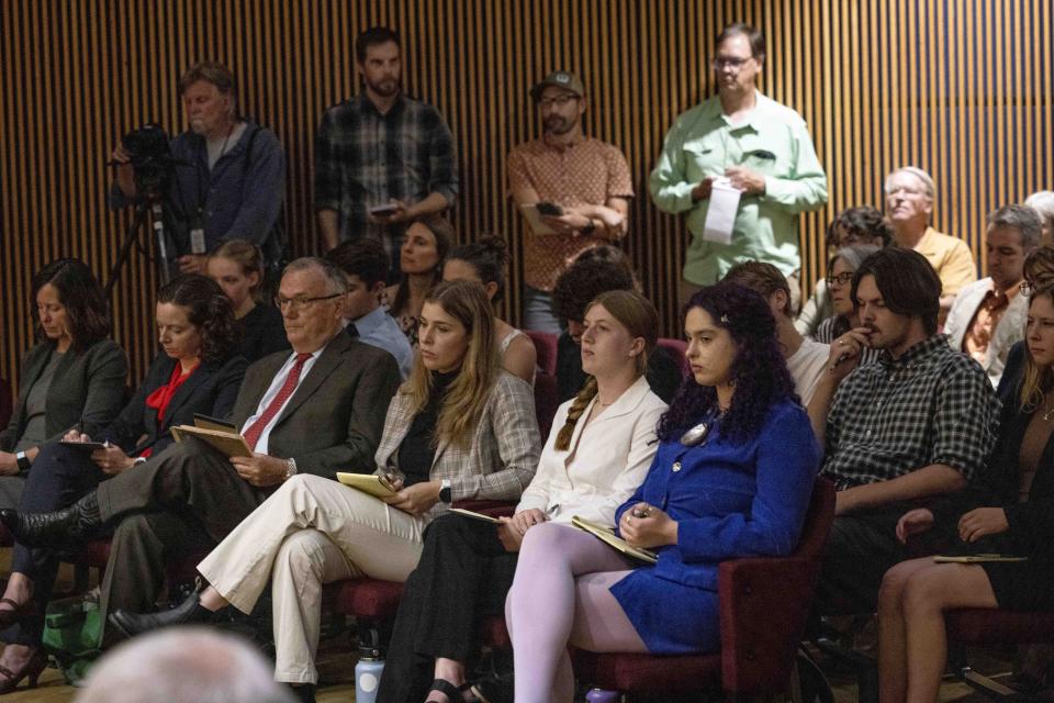 Youth plaintiffs in the Held v. Montana climate case listen to testimony during oral arguments before the Montana Supreme Court, Wednesday, July 10, 2024, in Helena, Mont. Attorneys for Republican officials pressed Montana's Supreme Court on Wednesday to overturn a landmark climate ruling that said the state was violating residents' constitutional right to a clean environment by allowing oil, gas and coal projects without regard for global warming. (Thom Bridge/Independent Record via AP)