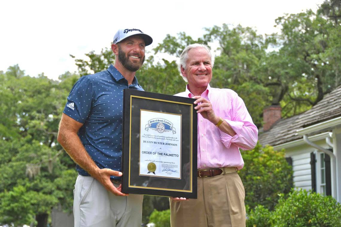 Dustin Johnson’s on-course accomplishments and off-course community service were recognized after his round Thursday in the Palmetto Championship at Congaree. S.C. Gov. Henry McMaster presented Johnson with the Order of the Palmetto, South Carolina’s highest civilian honor.