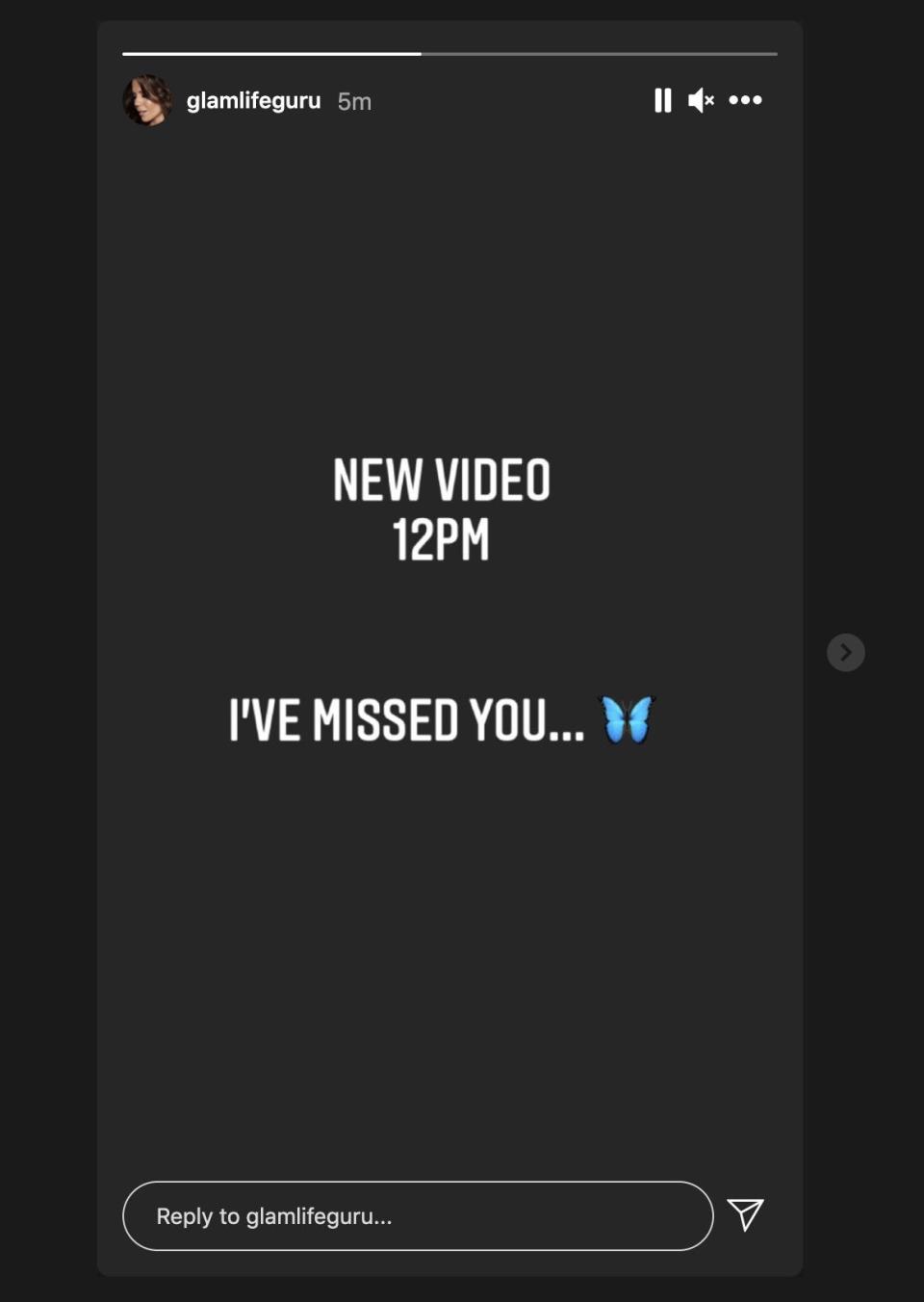 A screenshot of YouTuber Tati Westbrook's Instagram story that announces her return to the internet.