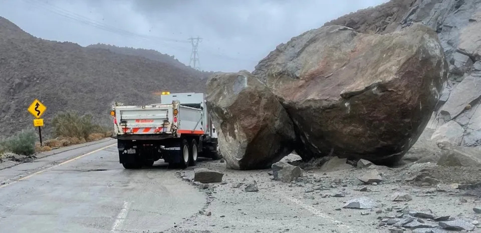 California Department of Transportation crews addressing a rockslide on SR-98 near Calexico. August 20, 2023.