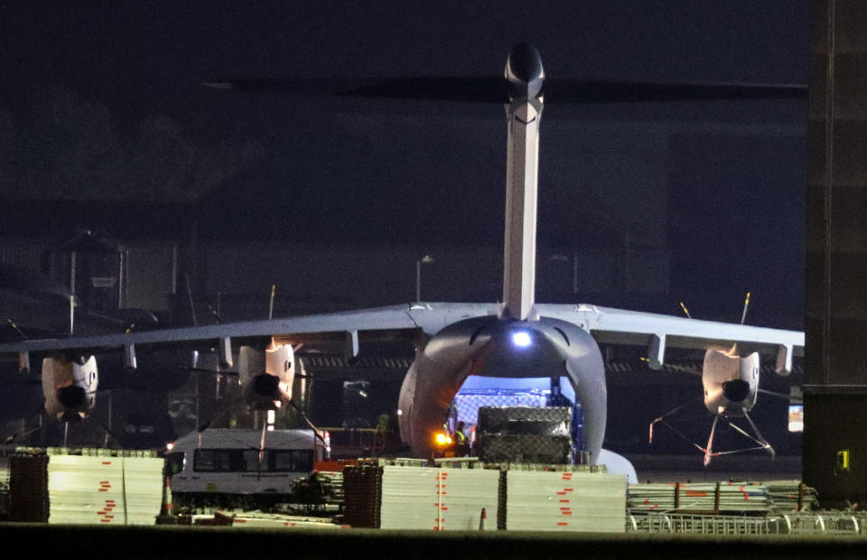 An RAF Atlas, believed to be carrying a cargo of PPE is unloaded at Brize Norton, as the UK continues in lockdown to help curb the spread of the coronavirus.