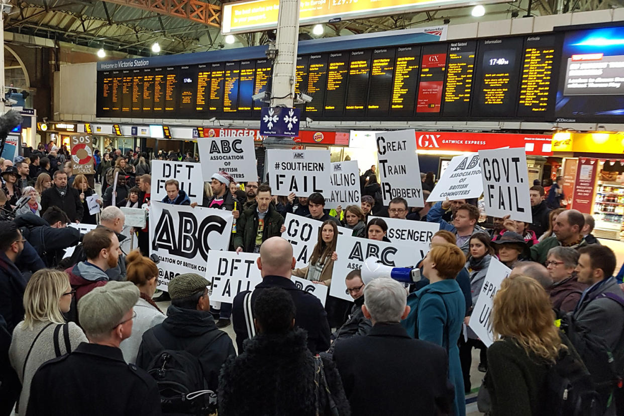 Off track: Commuters protesting against Southern at Victoria station: Bradley Rees