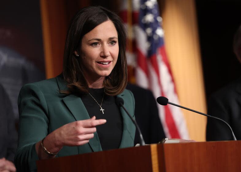 Sen. Katie Britt speaks at a press conference on border security at the U.S. Capitol on December 07, 2023 in Washington, DC.