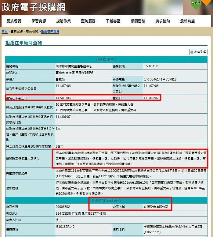 根據政府電子採購網顯示，攻衛因另案遭軍備局列為拒絕往來廠商至明年1月。（政府電子採購網）