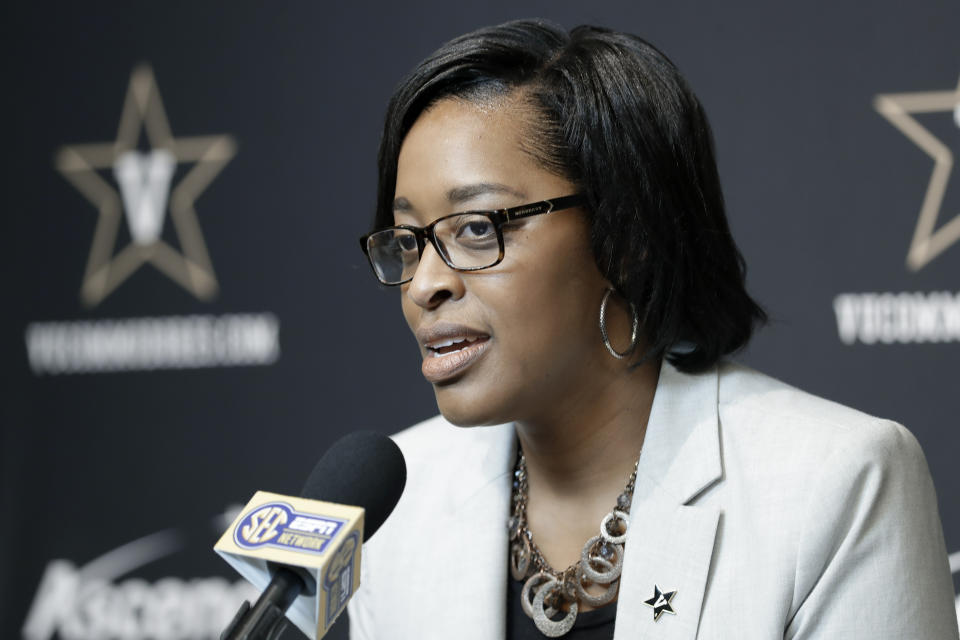 Vanderbilt interim athletic director Candice Lee answers questions during a news conference Wednesday, Feb. 5, 2020, in Nashville, Tenn. Former athletic director Malcolm Turner resigned Tuesday, Feb. 4, after one year at the school. (AP Photo/Mark Humphrey)