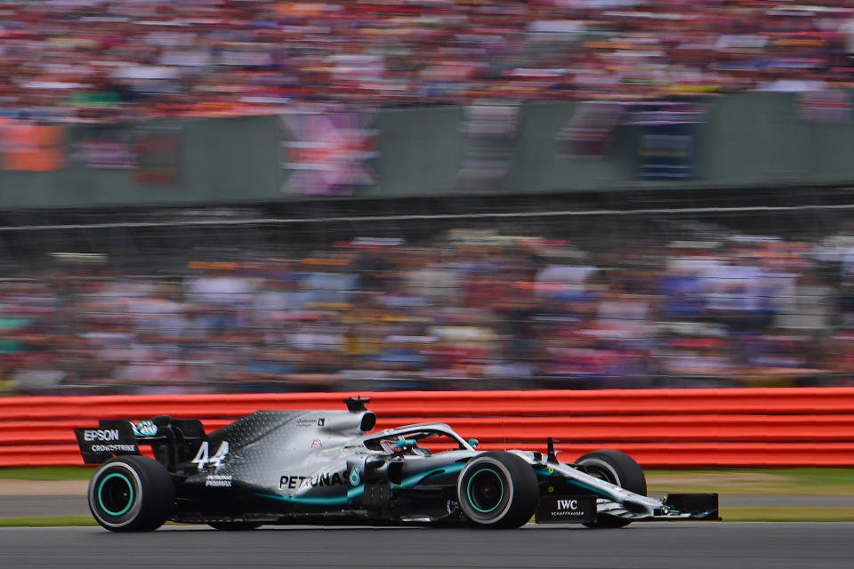 Mercedes' British driver Lewis Hamilton drives during the British Formula One Grand Prix at the Silverstone motor racing circuit in Silverstone, central England, on July 14, 2019. (Photo by Andrej ISAKOVIC / AFP)        (Photo credit should read ANDREJ ISAKOVIC/AFP/Getty Images)