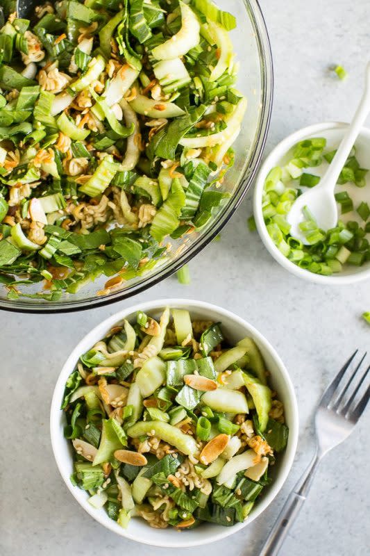 <p>This baby bok choy salad is full of crunchy almonds, ramen noodles, and a sweet sesame dressing. It’s like Chinese takeout in salad form!</p><p><strong>Get the recipe: <a href="https://www.culinaryhill.com/baby-bok-choy-with-sesame-dressing/" rel="nofollow noopener" target="_blank" data-ylk="slk:Baby Bok Choy Salad with Sesame Dressing;elm:context_link;itc:0;sec:content-canvas" class="link "><em>Baby Bok Choy Salad with Sesame Dressing</em></a></strong></p>