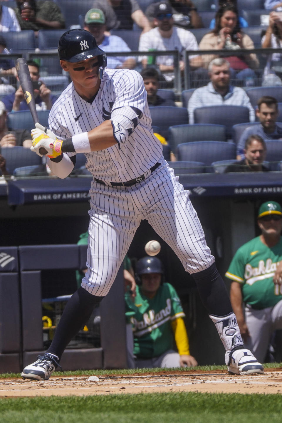 New York Yankees' Aaron Judge holds up on a pitch during during the first inning of a baseball game against the Oakland Athletics, Wednesday, May 10, 2023, in New York. (AP Photo/Bebeto Matthews)