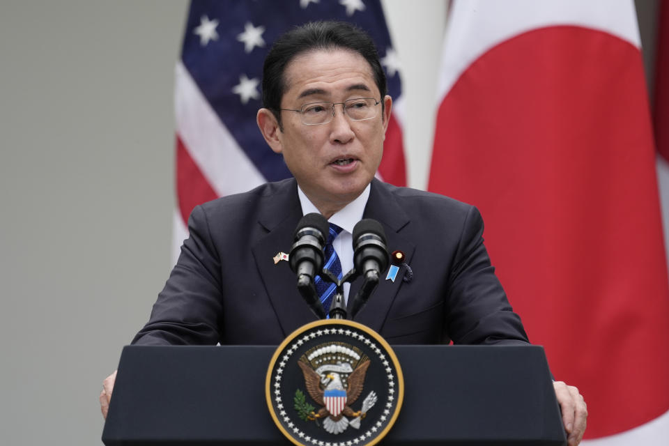 Japanese Prime Minister Fumio Kishida speaks during a news conference with President Joe Biden in the Rose Garden of the White House, Wednesday, April 10, 2024, in Washington. (AP Photo/Alex Brandon)