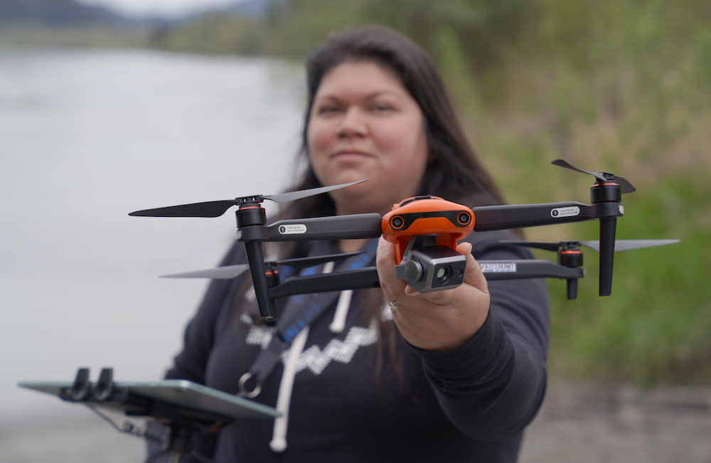 Alana Nulph displays one of the drones used in her new search and rescue program under a Yurok initiative focused on finding missing Indigenous people. (Courtesy photo)