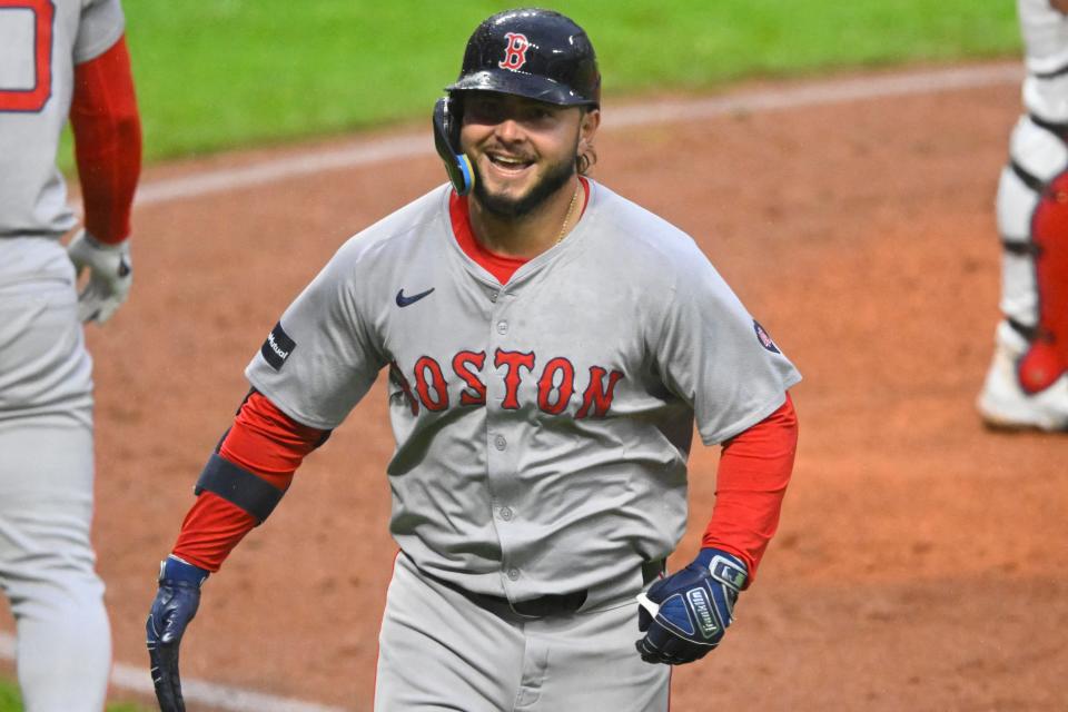 Boston Red Sox left fielder Wilyer Abreu (52) celebrates his solo home run in the seventh inning against the Guardians, April 23, 2024, in Cleveland.