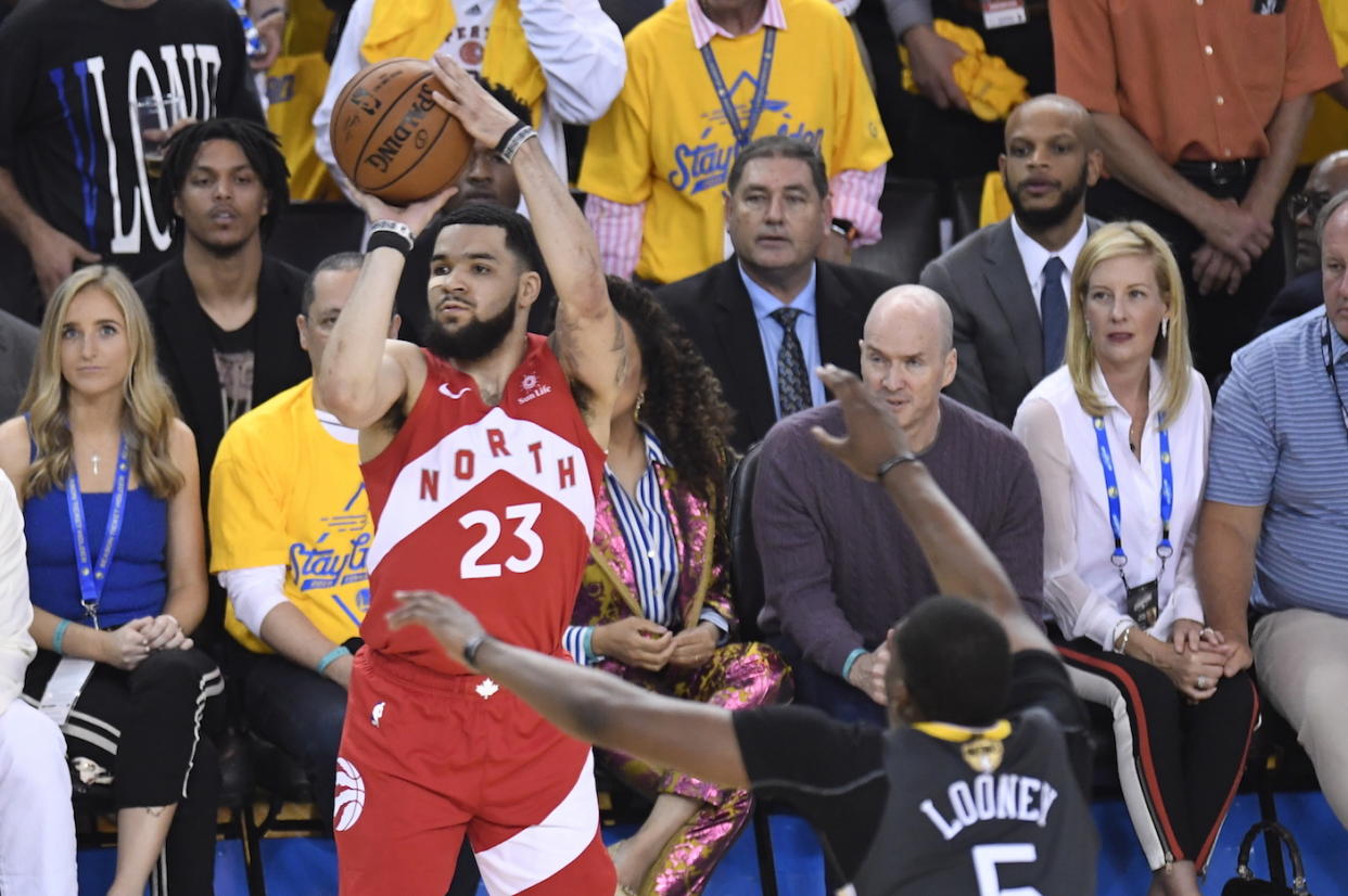 Toronto Raptors guard Fred VanVleet set a record for most threes made off the bench in NBA Finals history. (Frank Gunn/The Canadian Press via AP)