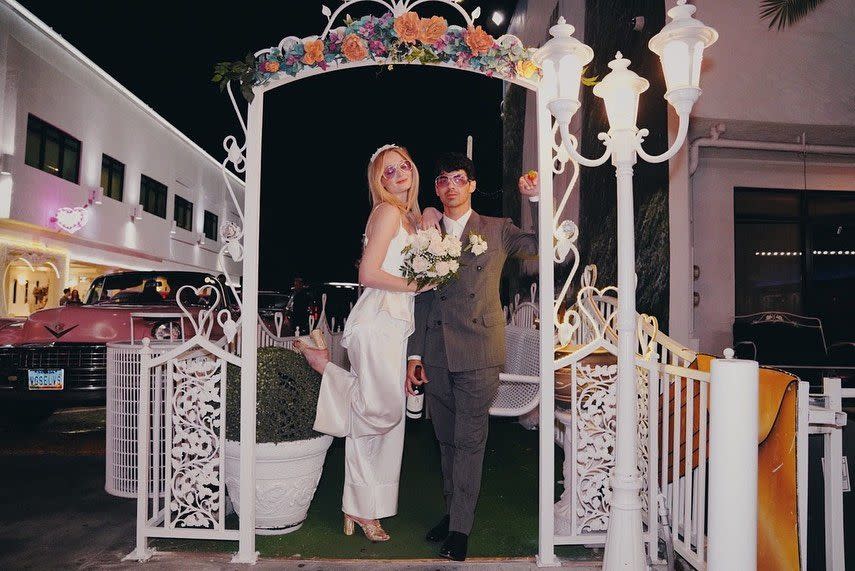 <p>After the Billboard Music Awards, Joe Jonas and Sophie Turner spontaneously decided to get married in Las Vegas, in a ceremony officiated by an Elvis impersonator at Chapel L’Amour inside A Little White Wedding Chapel. They later had a destination wedding in Le Château de Tourreau in the French countryside. They're still going strong; <a href="https://www.townandcountrymag.com/leisure/arts-and-culture/a40616338/joe-jonas-sophie-turner-welcome-second-child-girl/" rel="nofollow noopener" target="_blank" data-ylk="slk:Sophie and Joe just welcomed their second child;elm:context_link;itc:0;sec:content-canvas" class="link ">Sophie and Joe just welcomed their second child</a>.</p>