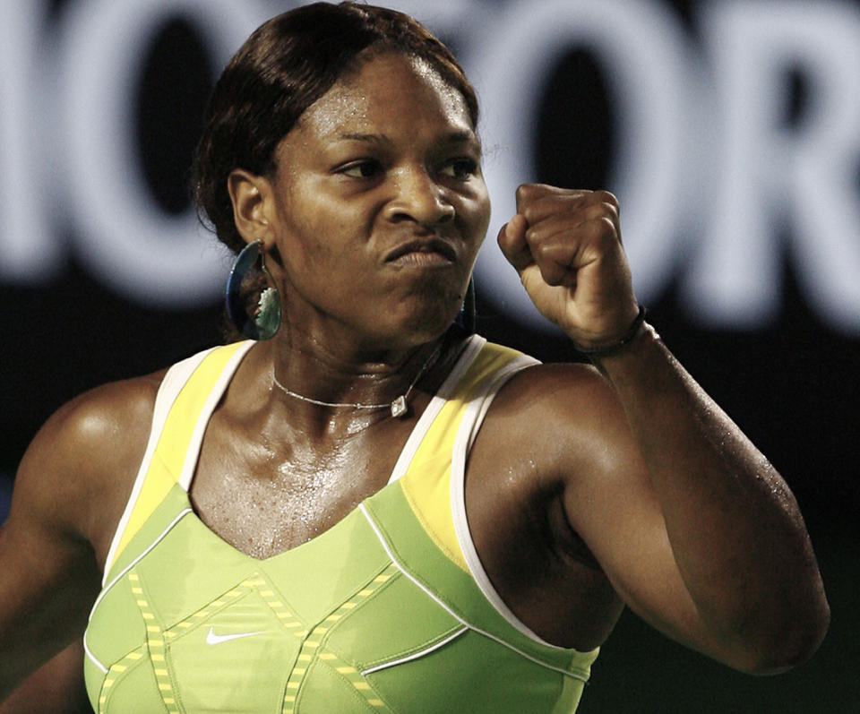 FILE - Serena Williams reacts to winning a point during her women's singles final match against Maria Sharapova of Russia at the Australian Open tennis tournament in Melbourne, Australia, Saturday, Jan. 27, 2007. The 2022 Wimbledon competition is not the first comeback from a significant absence for Williams. (AP Photo/Vincent Thian, File)