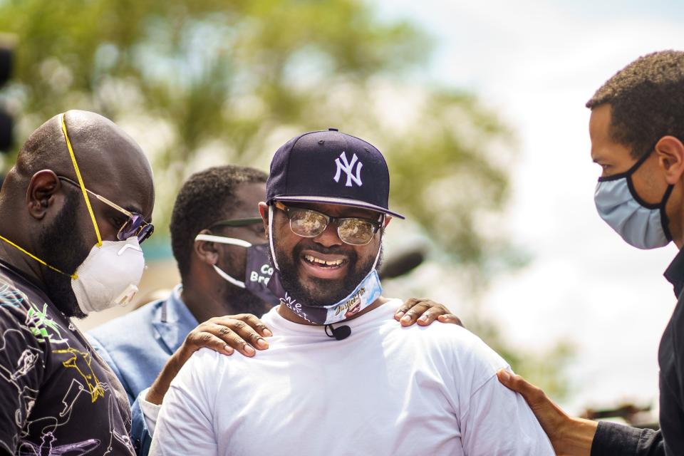 Terrence Floyd, the brother of George Floyd, gathers with supporters June 1 at the site where George Floyd died.