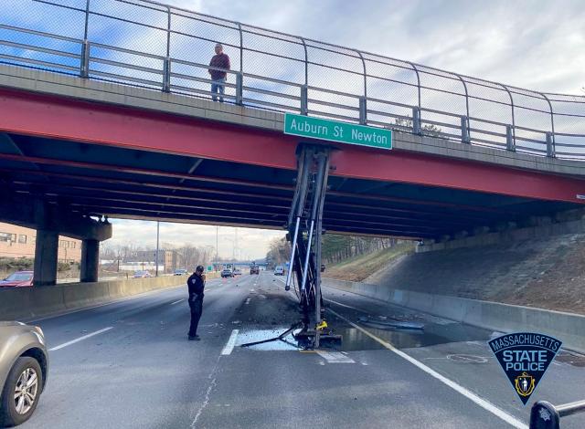 Bridge Over Busy Stretch Of Mass Pike Closed After Being Struck By Truck With Raised Lift