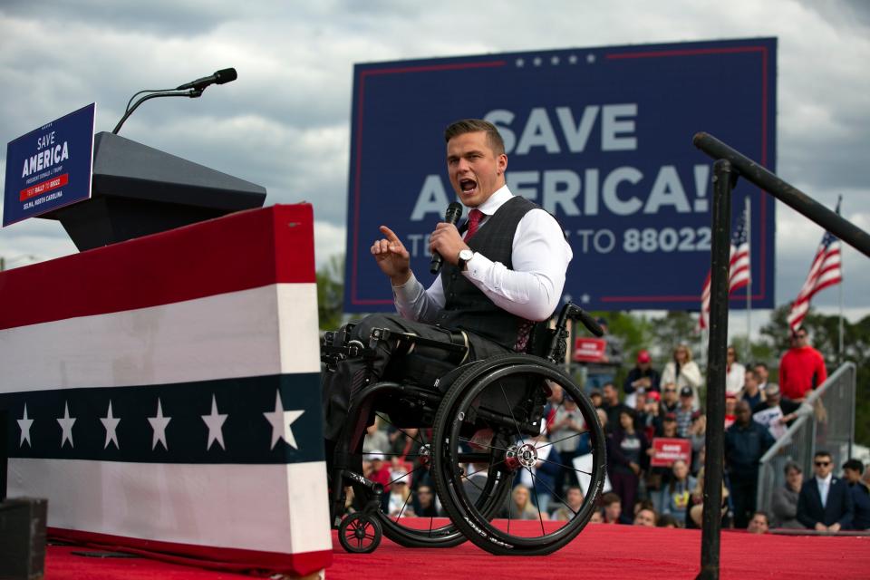 Rep. Madison Cawthorn speaks before a rally for former U.S. President Donald Trump at The Farm at 95 on April 9, 2022 in Selma, North Carolina.