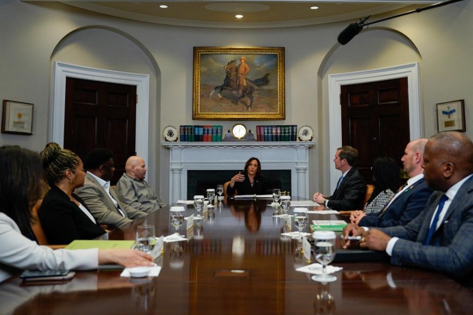 U.S. Vice President Kamala Harris (center) speaks during a roundtable conversation about marijuana reform and criminal justice reform, in the Roosevelt Room of the White House on March 15, 2024, in Washington, D.C. (Photo by Kent Nishimura /AFP via Getty Images)