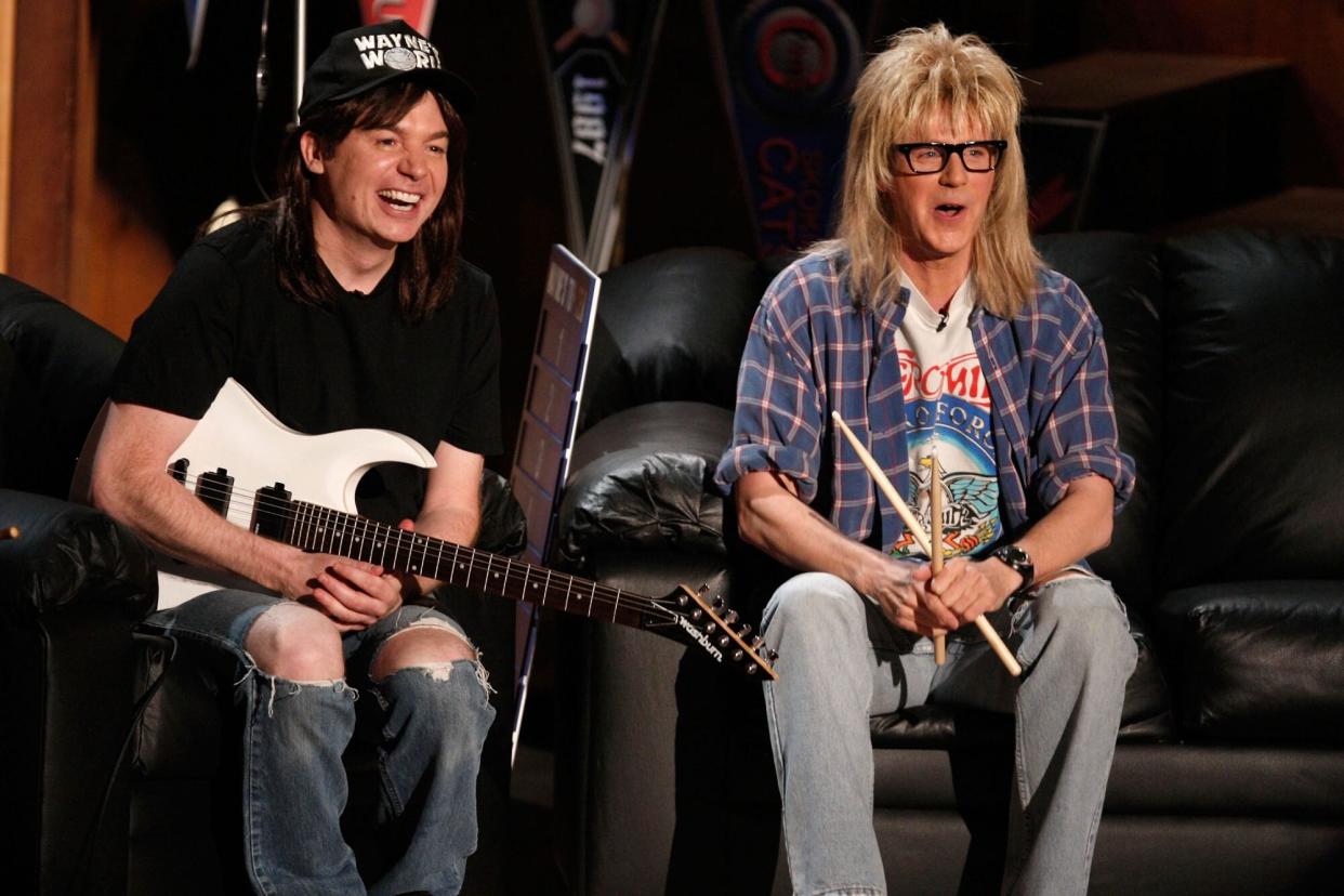 UNIVERSAL CITY, CA - JUNE 01: Actors Mike Myers (L) and Dana Carvey as Wayne and Garth from "Wayne's World" onstage during the 17th annual MTV Movie Awards held at the Gibson Amphitheatre on June 1, 2008 in Universal City, California. (Photo by Kevin Winter/Getty Images)