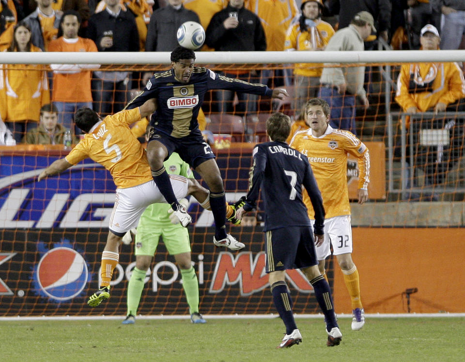 HOUSTON, TX - NOVEMBER 03: Sheanon Williams #25 of the Philadelphia Union heads the ball against Danny Cruz #5 of the Houston Dynamo in the second leg of the playoffs on November 3, 2011 at Robertson Stadium in Houston, Texas. The Dynamo won 1 to 0 and will play the Sporting K.C. Sunday, November 6, 2011. (Photo by Thomas B. Shea/Getty Images)