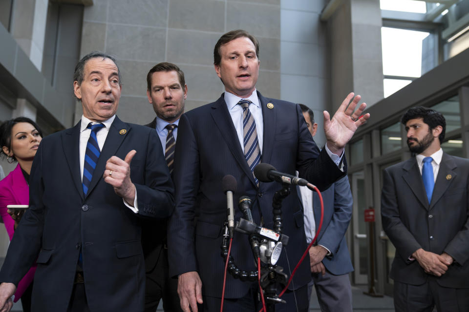 From left, Rep. Jamie Raskin, D-Md., the ranking member of the House Oversight and Accountability Committee, Rep. Eric Swalwell, D-Calif., and Rep. Dan Goldman, D-N.Y., meet with reporters during a break from as lawmaker question Hunter Biden, son of President Joe Biden, during a Republican-led investigation into the Biden family, on Capitol Hill in Washington, Wednesday, Feb. 28, 2024. (AP Photo/J. Scott Applewhite)
