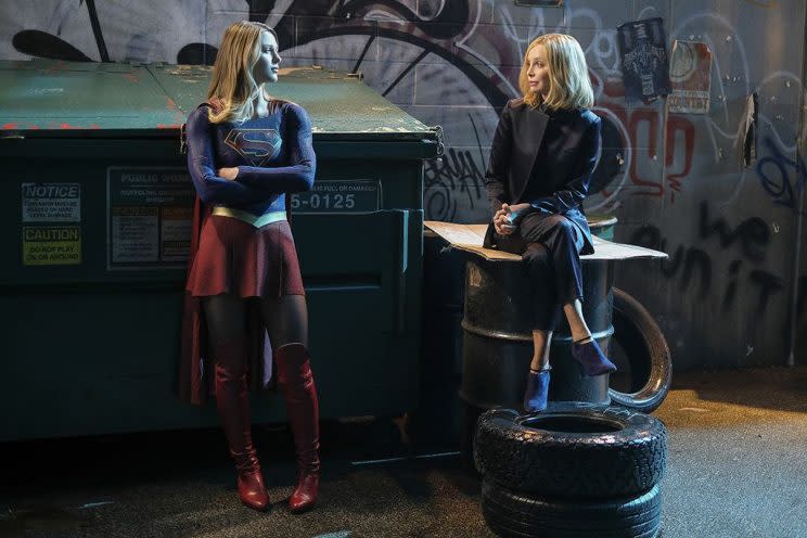 Melissa Benoist as Kara/Supergirl and Calista Flockhart as Cat Grant in The CW’s Supergirl. (Photo: Robert Falconer/The CW)