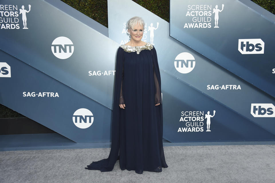 FILE - Glenn Close arrives at the 26th annual Screen Actors Guild Awards on Jan. 19, 2020, in Los Angeles. Close turns 75 on March 19. (Photo by Jordan Strauss/Invision/AP)