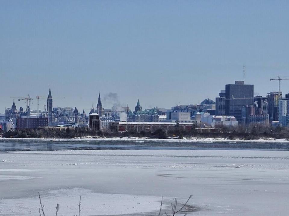 Ottawa's skyline seen over the Ottawa River from Bate Island in March 2022. (Ian Black/CBC - image credit)