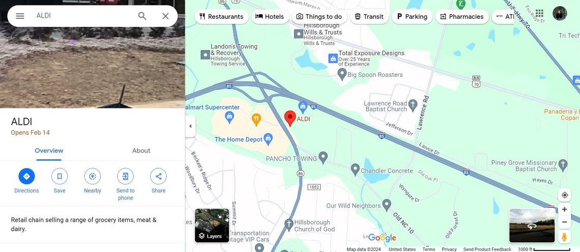 A screenshot of Aldi’s page on Google Maps taken Wednesday, Jan. 17, 2024, shows the new store is expected to open Feb. 14 at 2010 N.C. 86 South in Hillsborough.