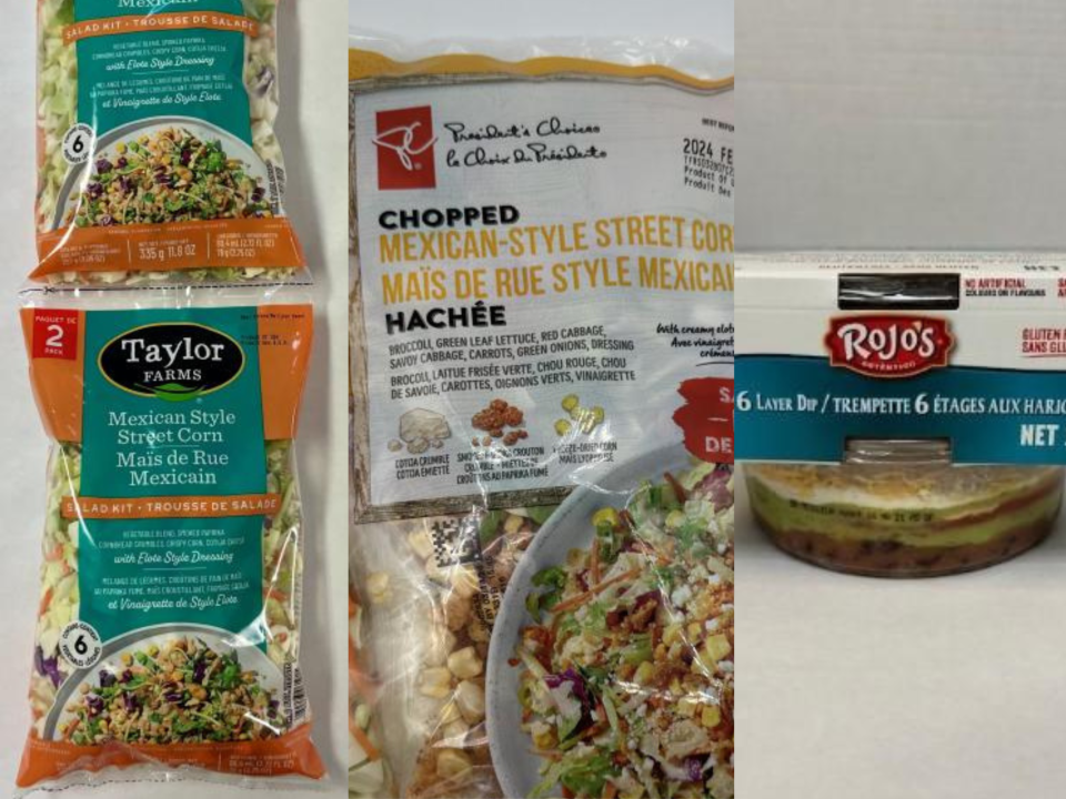 Taylor Farms and President's Choice Mexican-Style Street Corn Salad Kits and Rojo's 6 Layer Dip have been recalled. (Image via Government of Canada). 