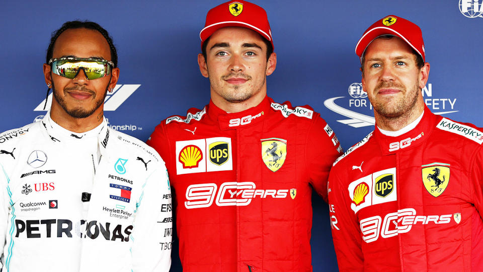 Lewis Hamilton, Charles Leclerc and Sebastian Vettel, pictured here at the Russian Grand Prix.