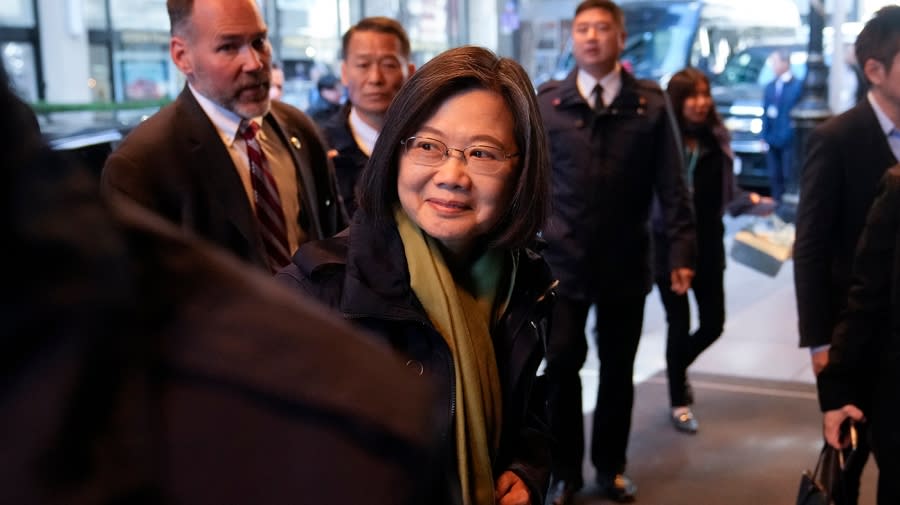 <em>Taiwan’s President Tsai Ing-wen arrives at a hotel, Thursday, March 30, 2023, in New York. (AP Photo/John Minchillo)</em>