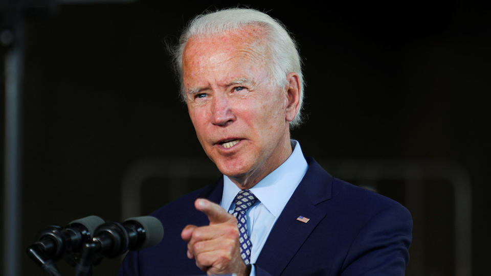 Joe Biden speaks about the U.S. economy during a campaign event at McGregor Industries, a metal works plant that manufactures stairs and stair railings, in Dunmore, Pennsylvania, U.S., July 9, 2020. (Tom Brenner/Reuters)