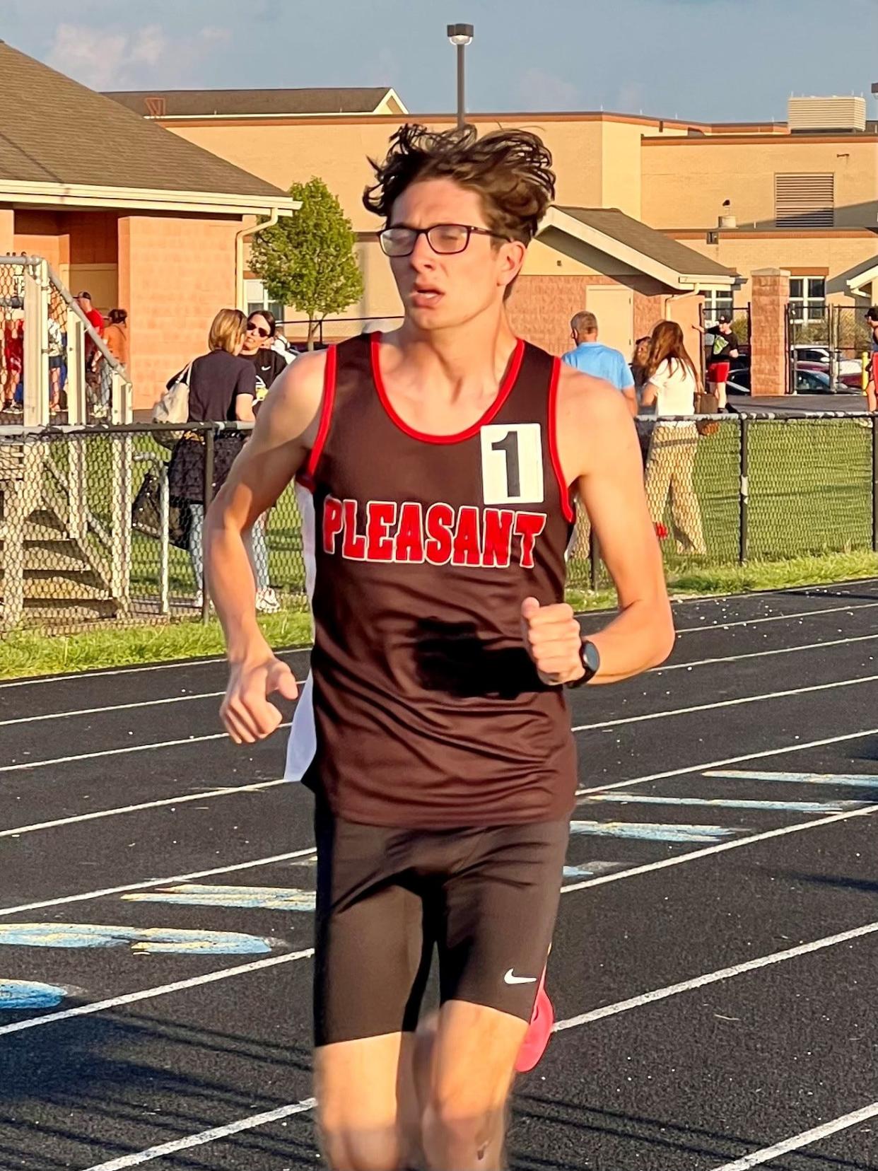 Pleasant's Nick Swartz runs in the boys 3200-meter race during Wednesday's Marion County Track and Field Meet at River Valley.